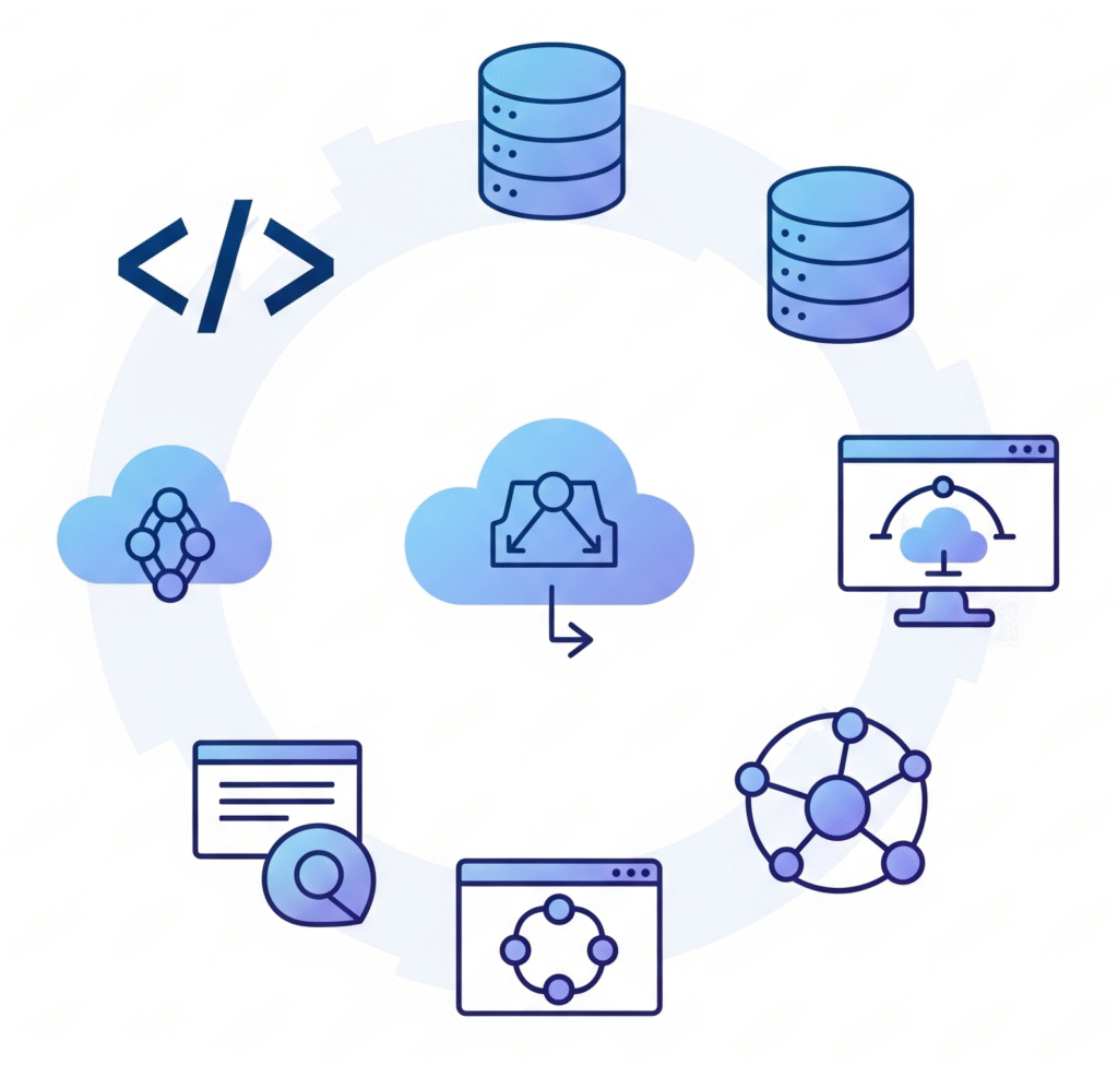 An illustration of a circular workflow for website development, showing interconnected icons for code, hosting, databases, and search.