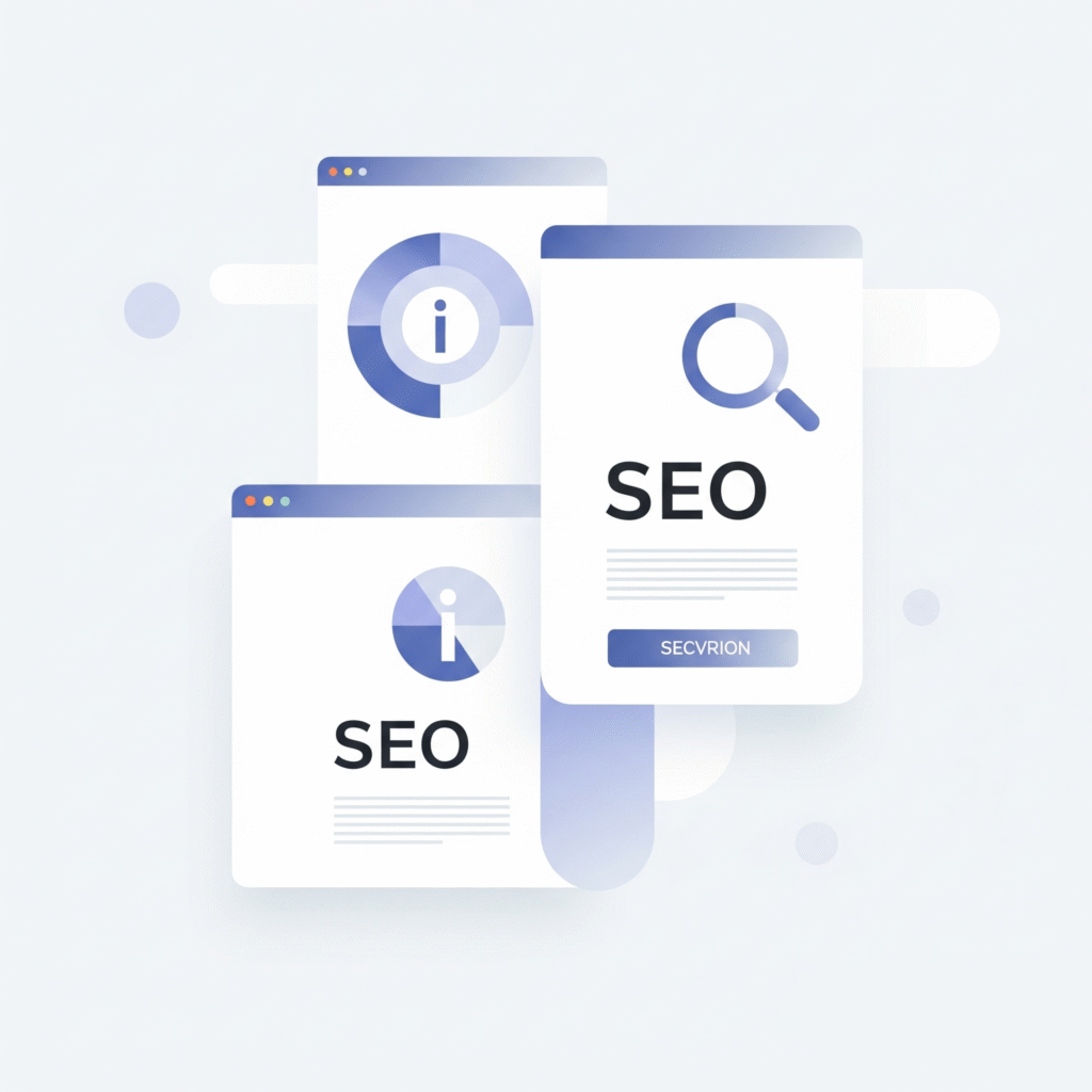 An illustration of a person analysing search data, representing SEO services for desktop, mobile, and e-commerce websites.