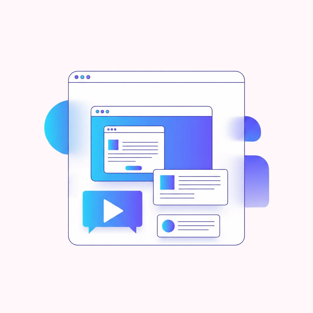 An illustration of a professional website layout inside a browser window, showcasing content, text, and a video player.
