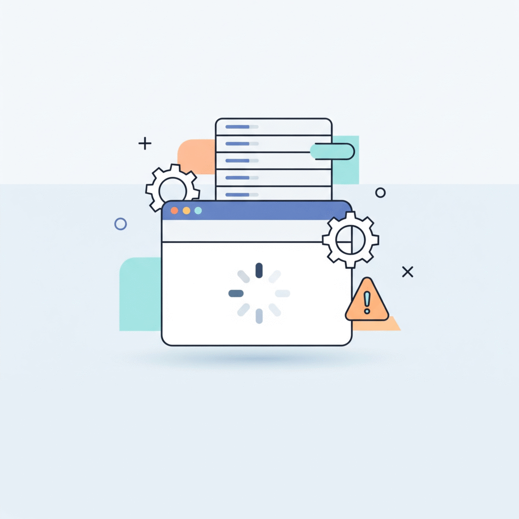 An illustration of a website with a slow loading spinner, a warning sign, and a database, symbolizing a need for maintenance.