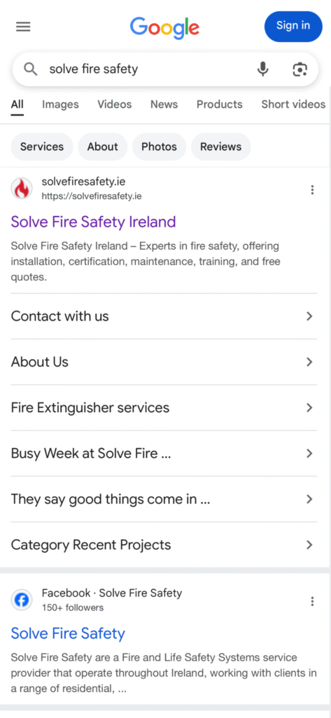 A screenshot of a mobile Google search result page showing an enhanced business listing with sitelinks and tabs.