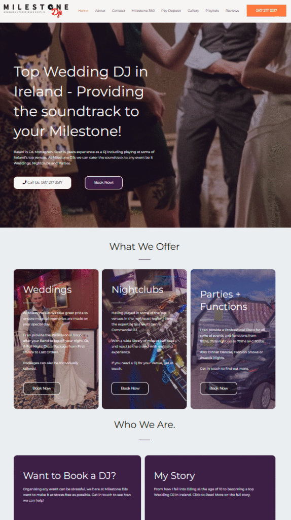 A screenshot of a professional website homepage designed for a wedding DJ business in Ireland, featuring services and a clear call to action.