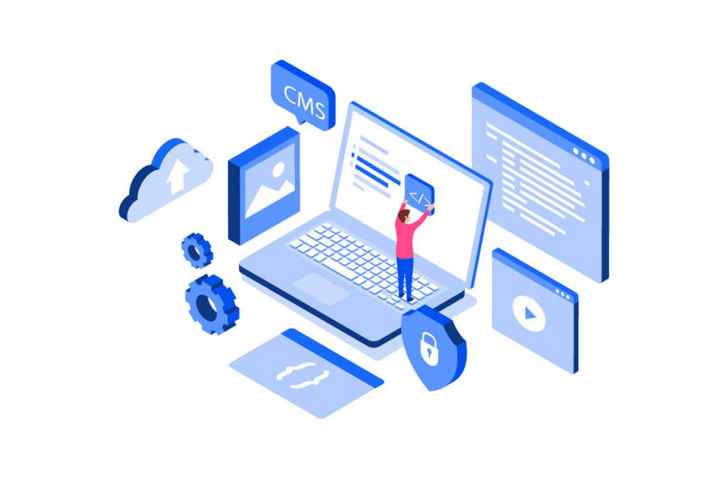 An illustration of a person managing a website's CMS, with icons for security, hosting, and media content surrounding them.