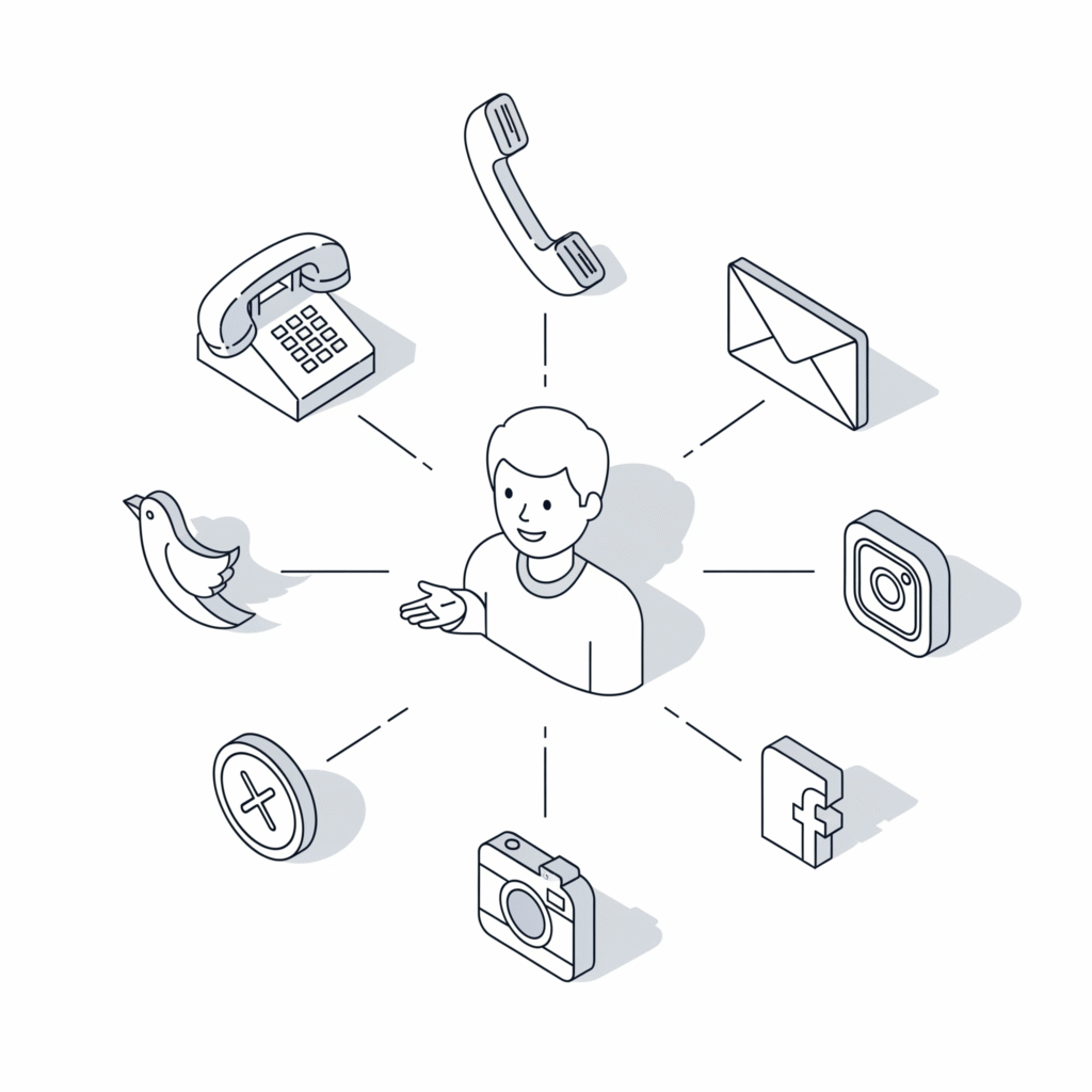 An illustration of a person at the center of various communication icons, including phone, email, and social media logos.