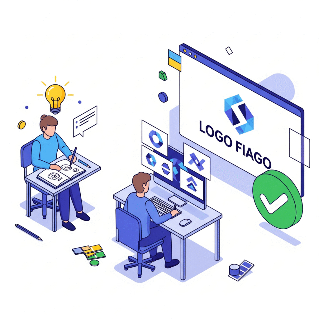 An illustration of two designers creating a new brand logo, showing the process from initial ideas and sketching to the final digital design.