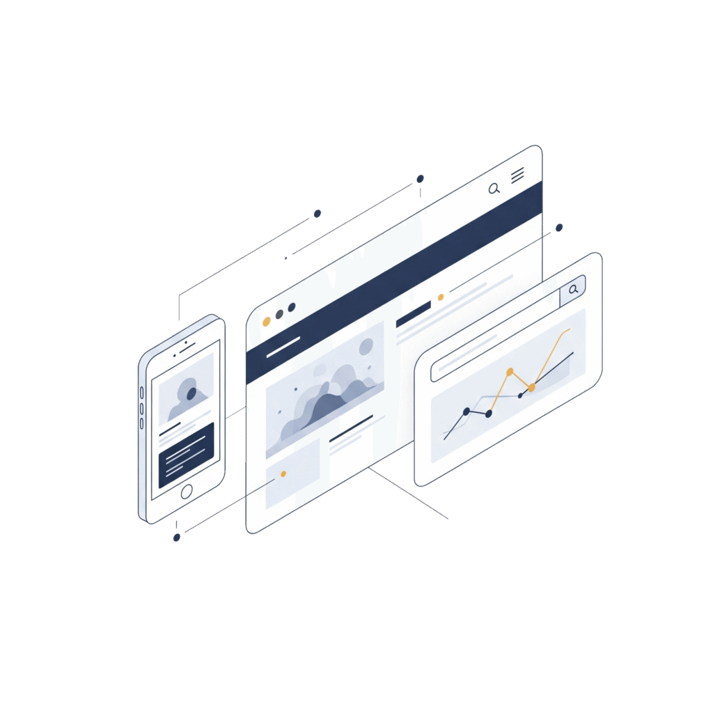 An illustration of a responsive website design on a desktop and a mobile phone, with a chart representing data-driven results.