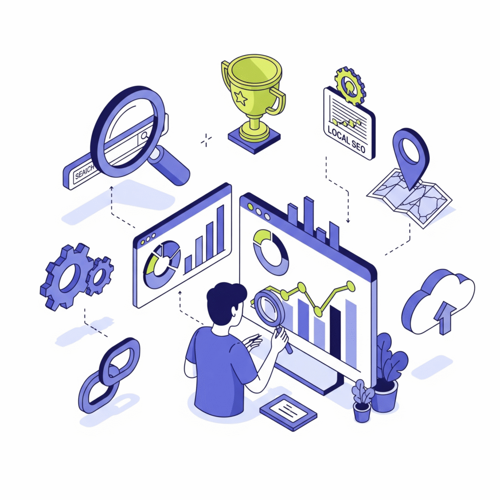 An illustration of a person performing search engine optimization, with icons for local SEO, rankings, and data analysis surrounding them.