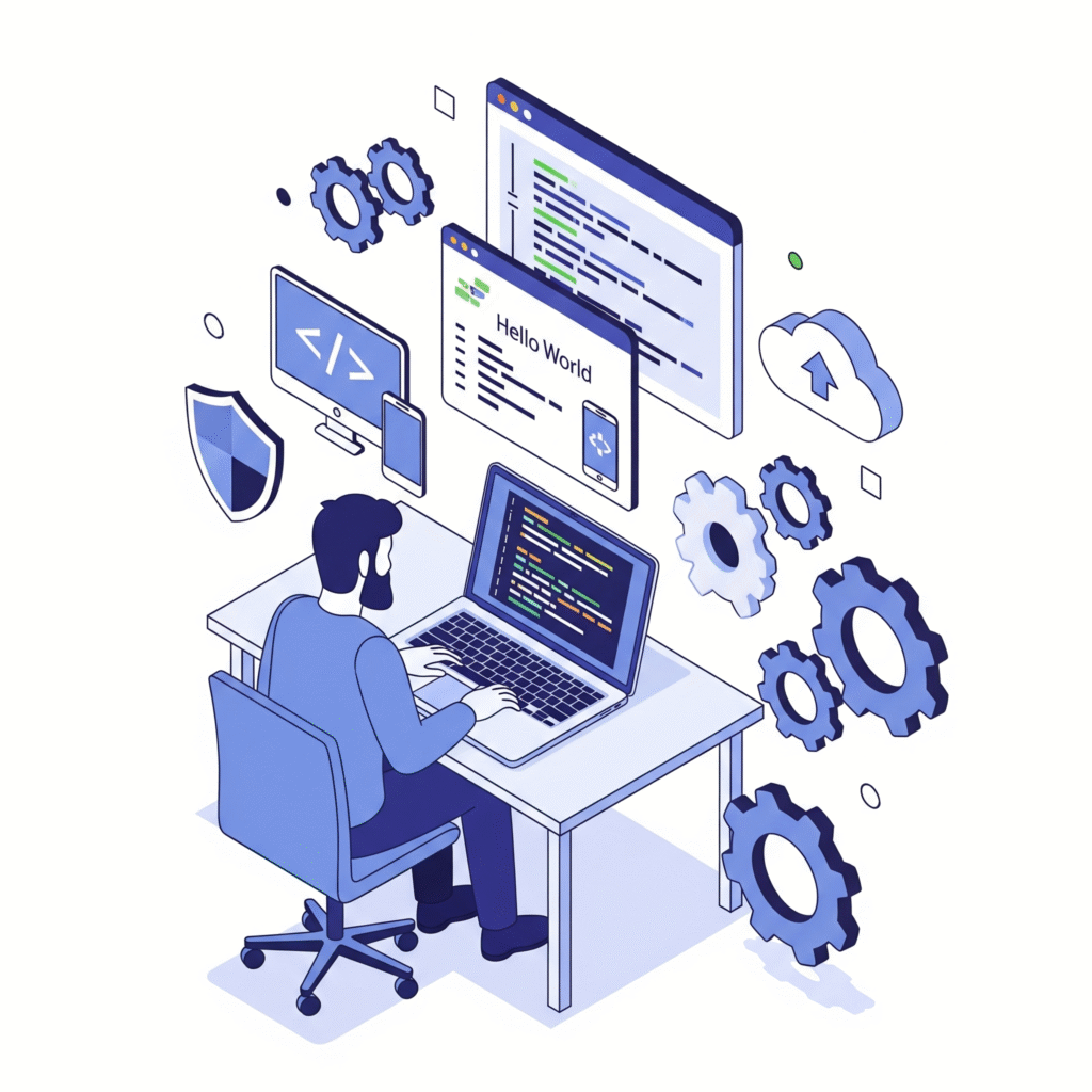 An illustration of a developer coding on a laptop, with icons for security, cloud hosting, and technical development surrounding them.
